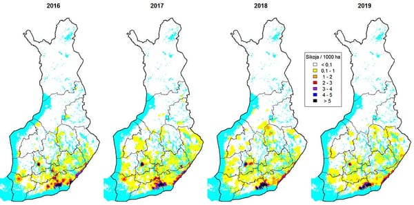 SLC - Vildsvinens Utbredning Och Antal Utifran Algjagarnas Uppskattningar I Slutet Av Jaktsasongerna 2016 2017 2018 Och 2019